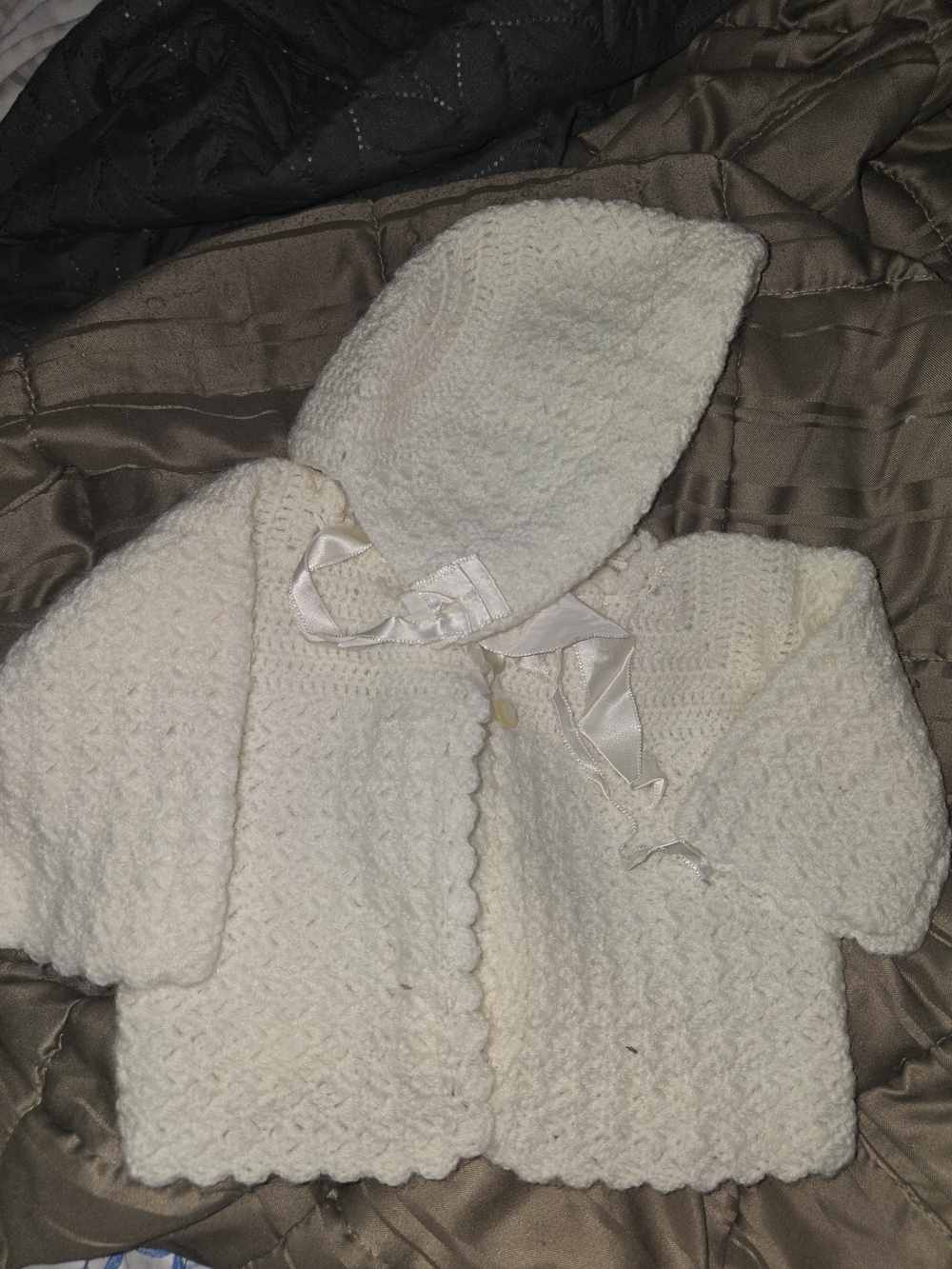 Classic Cream Knit With Bonnet Satin Ribbon Tie And Baby Sweater Button Closure
